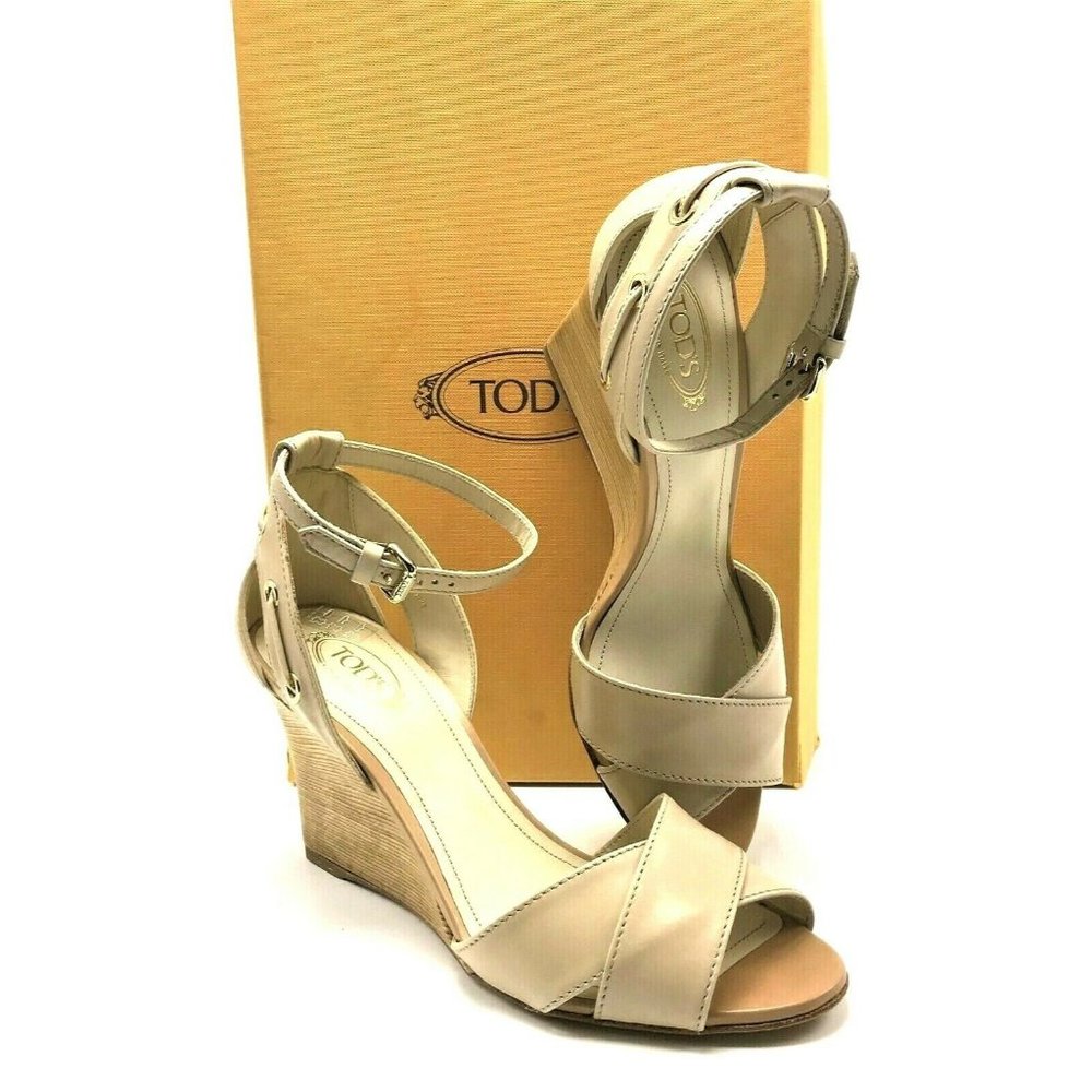 TOD'S High Wedge Ankle Strap Sandals in Light Taup